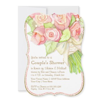 couples shower watercolor rose bouquet pearls invitation