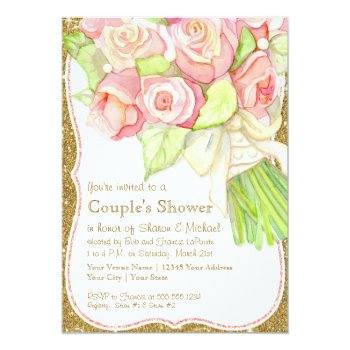 Couples Shower Watercolor Rose Bouquet Pearls Invitation Front View