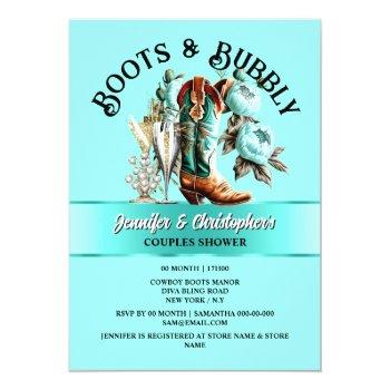 Cowgirl Boots Peony Aqua Teal Floral Bubbly Glam Invitation Front View