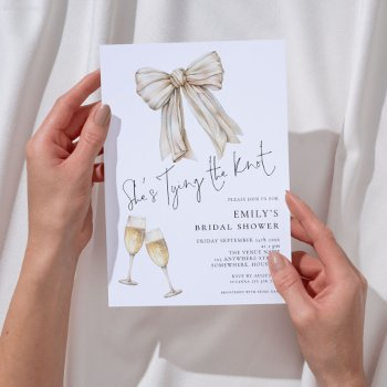 cream bow she is tying the knot bridal shower invitation