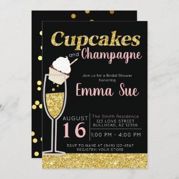 cupcakes & champagne black & gold bridal shower  invitation