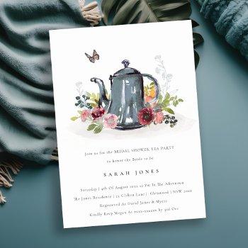 cute leafy rose floral teapot bridal shower invite