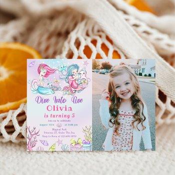 cute little mermaid 5th birthday photo invitation