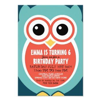 Cute Owl Bird Birthday Invitation Card For Kids Front View