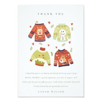 Cute Winter Heart Leafy Ugly Sweater Bridal Shower Thank You Card Front View