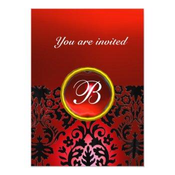Damask Gem Stone Monogram Red Black White Invitation Front View