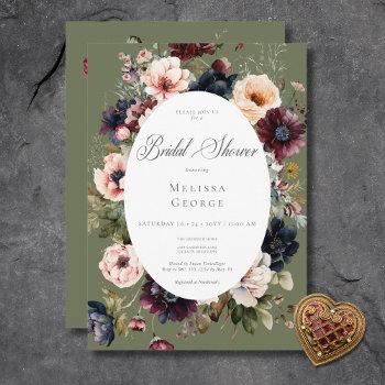 dark green oval floral frame bridal shower invitation