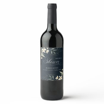 dark navy white greenery floral bridal shower wine label