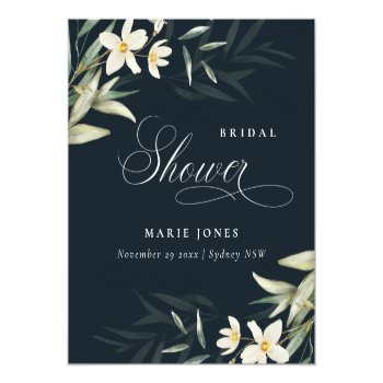 Dark Navy White Greenery Floral Bridal Shower Wine Label Front View