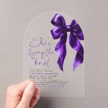dark purple bow she's tying the knot bridal shower acrylic invitations