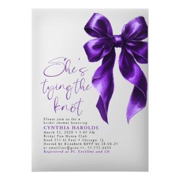 Dark Purple Bow She's Tying The Knot Bridal Shower Acrylic Invitations Front View