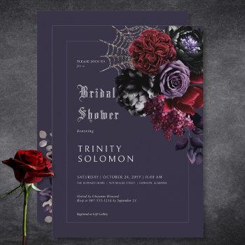 dark purple floral & silver web bridal shower invitation