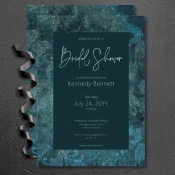 dark victorian teal damask bridal shower invitation