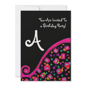 deco monogram birthday party, fuchsia black gold invitation