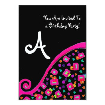 Deco Monogram Birthday Party, Fuchsia Black Gold Invitation Front View