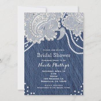 denim jean pearls white paisley lace bridal shower invitation