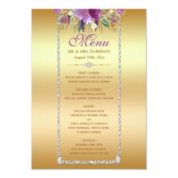 Diamond Glitter Watercolor Flowers Gold Menu Front View