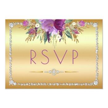 Diamond Glitter Watercolor Flowers Gold Rsvp Front View