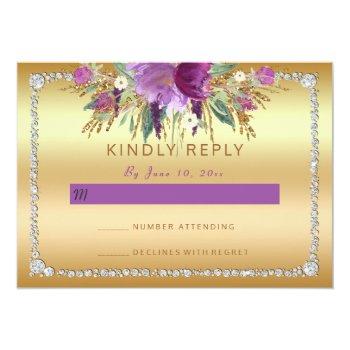 Diamond Glitter Watercolor Flowers Gold Rsvp Front View