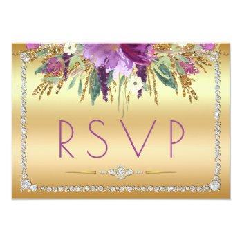 Diamond Glitter Watercolor Flowers Gold Rsvp Front View