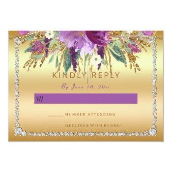 Diamond Glitter Watercolor Flowers Gold Rsvp Front View