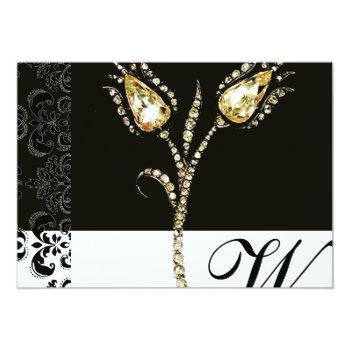 Diamond Tulips , Black And Gold  Damask Monogram Announcement Front View