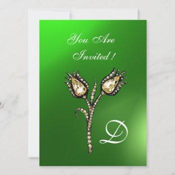 diamond tulips monogram ,green emerald invitation