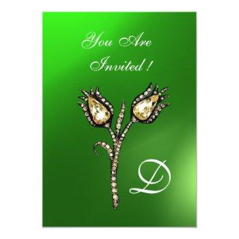 Diamond Tulips Monogram ,green Emerald Invitation Front View