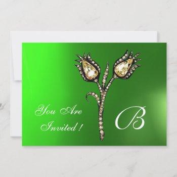 diamond tulips monogram ,green emerald invitation