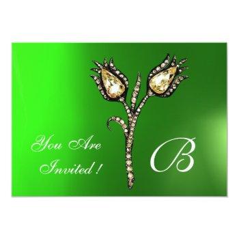 Diamond Tulips Monogram ,green Emerald Invitation Front View