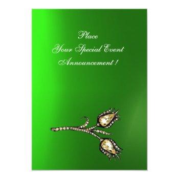 Diamond Tulips Monogram ,green Emerald Invitation Front View