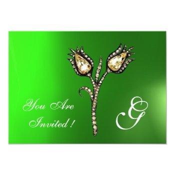 Diamond Tulips Monogram ,green Emerald Invitation Front View