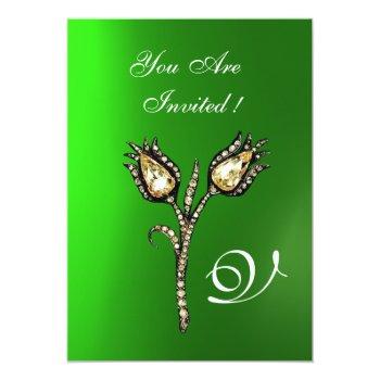 Diamond Tulips Monogram ,green Emerald Invitation Front View