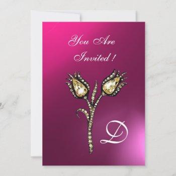 diamond tulips monogram ,pink purple amethyst invitation