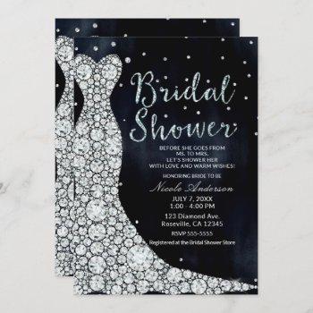 diamond wedding dress modern blue bridal shower invitation