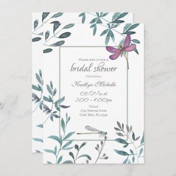 dragonfly garden greenery on white bridal shower invitation