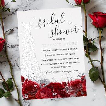 Dress Red Floral Rose Silver Bridal Shower  Foil Invitation Front View