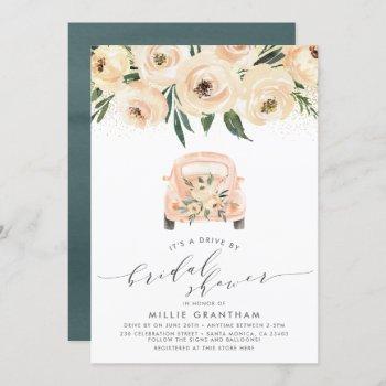 drive by bridal shower cream & blue floral invitation