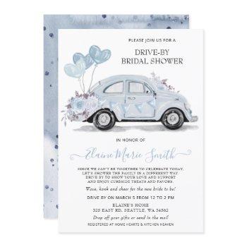 drive by bridal shower watercolor floral blue car invitation