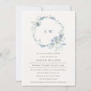 dusky blue floral wreath bridal shower invite 