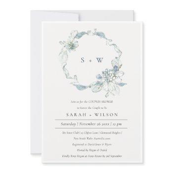 dusky blue floral wreath couples shower invite 