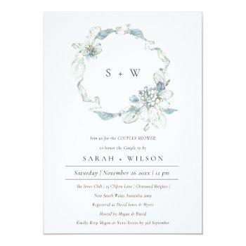 Dusky Blue Floral Wreath Couples Shower Invite Front View