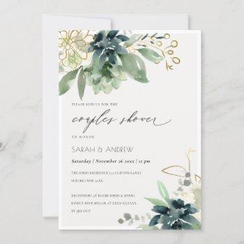 dusky blue succulent foliage couples shower invite