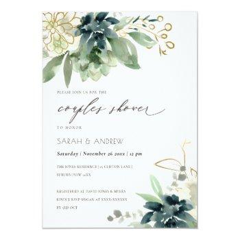 Dusky Blue Succulent Foliage Couples Shower Invite Front View