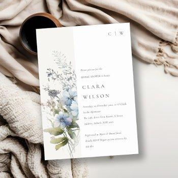 dusky blue watercolor cottage floral bridal shower invitation