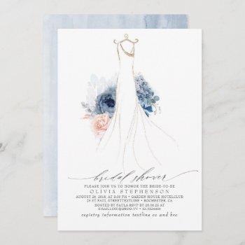 dusty blue and blush flowers dress bridal shower invitation
