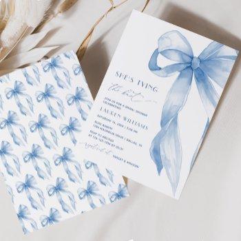 dusty blue bow she's tying the knot bridal shower invitation