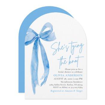 dusty blue bow she's tying the knot bridal shower invitation