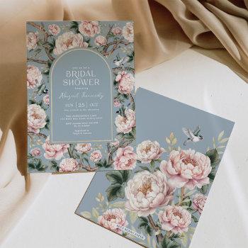 dusty blue chinoiserie garden flower bridal shower invitation