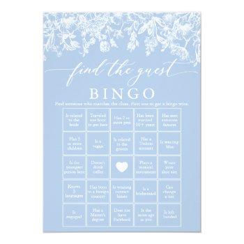 Dusty Blue Find The Guest Bingo Bridal Shower Game Invitation Front View